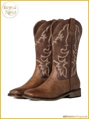 Women's Mid Calf Cowboy Boots Embroidered Square Toe PU Leather Western Boots